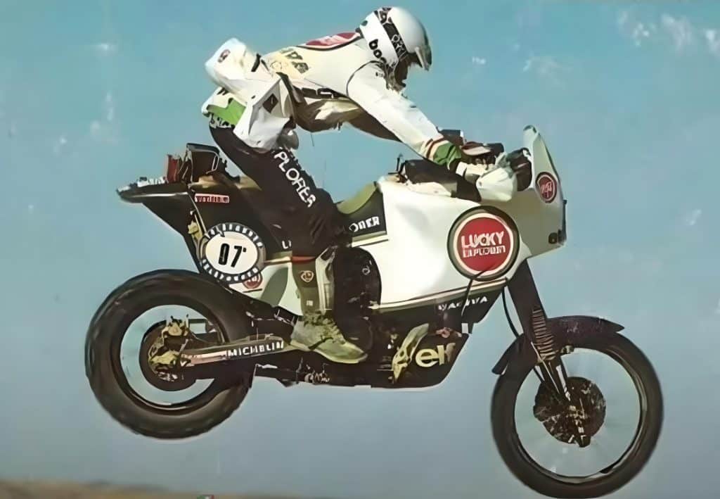 Edi Orioli, and his Cagiva Elefant 750, in action during the Dakar to Paris Rally in 1988. He and his motorcycle would go on to win the rally that year solidifying the rugged machine's reputation as an off-road racing machine.