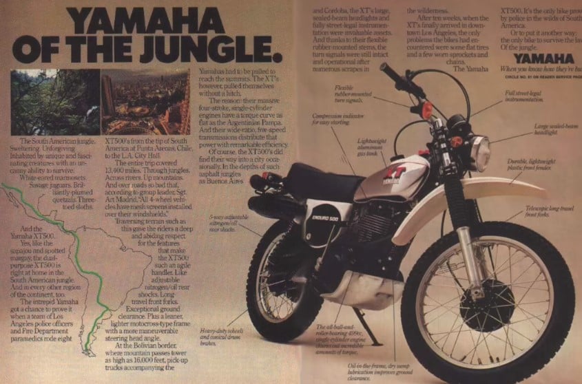 The Yamaha of the Jungle Motorcycle is a term that was used to describe the XT series of off-road capable motorcycles, including the XT250, XT350 and the XT600. The WR series (e.g. WR250F, WR450F) and the Tenere series inherited these useful traits.