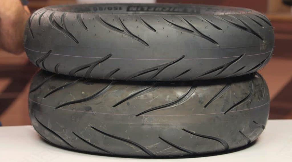 The Michelin Commander II tires showcase a winning tread pattern designed to divert water away from the center to prevent hydroplaning. They also feature more aggressive grooving around the edges for when the bike is completely leaned over and a respectable tread depth in the middle for the straightaways.