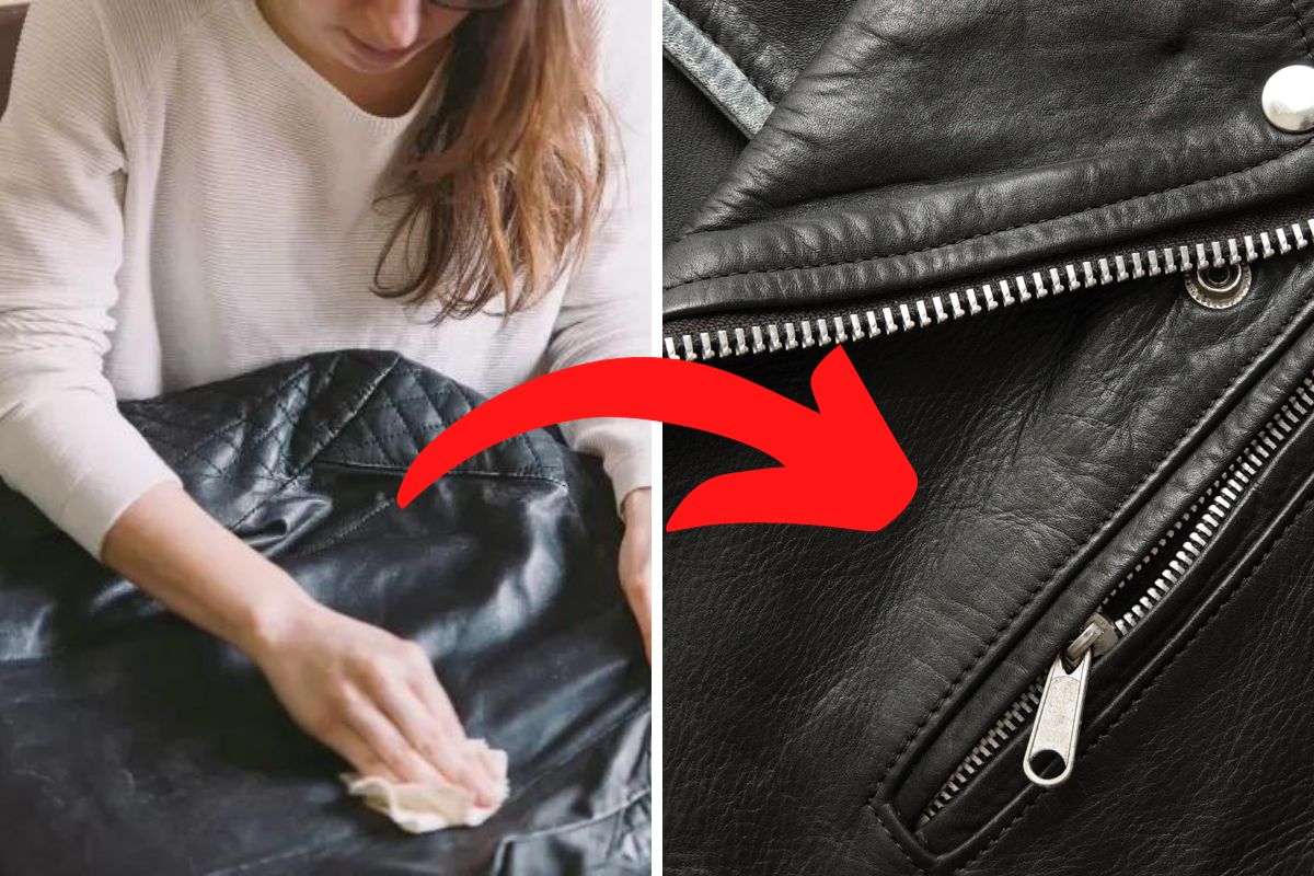 woman cleaning leather jacket to show how to clean and condition leather jacket
