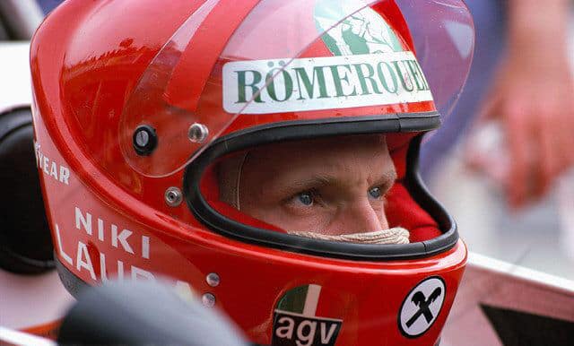 Niki Lauda with his AGV X1 F1 racing helmet, the very one he crashed in.